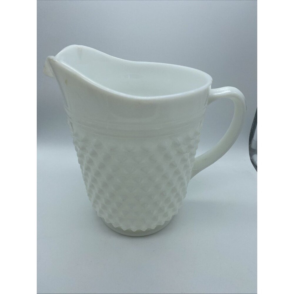 Unmarked Milk Glass Hobnail Pitcher 8 in Tall White Vintage 80s